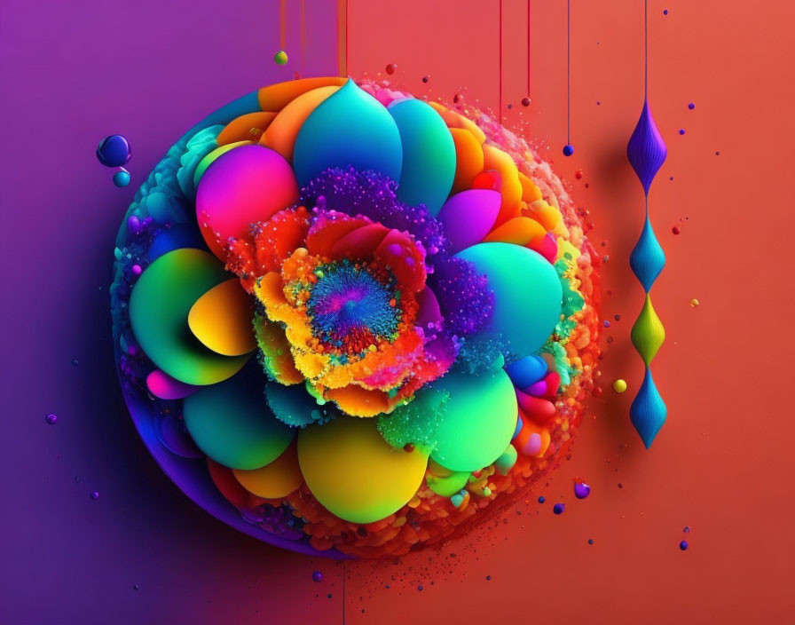 Colorful 3D digital art: Multilayered spherical design with rainbow petals, paint dri