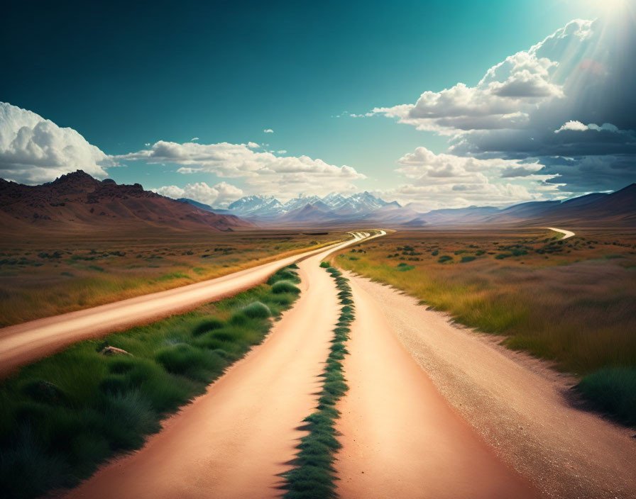 Scenic winding road through grassy plain to snow-capped mountains