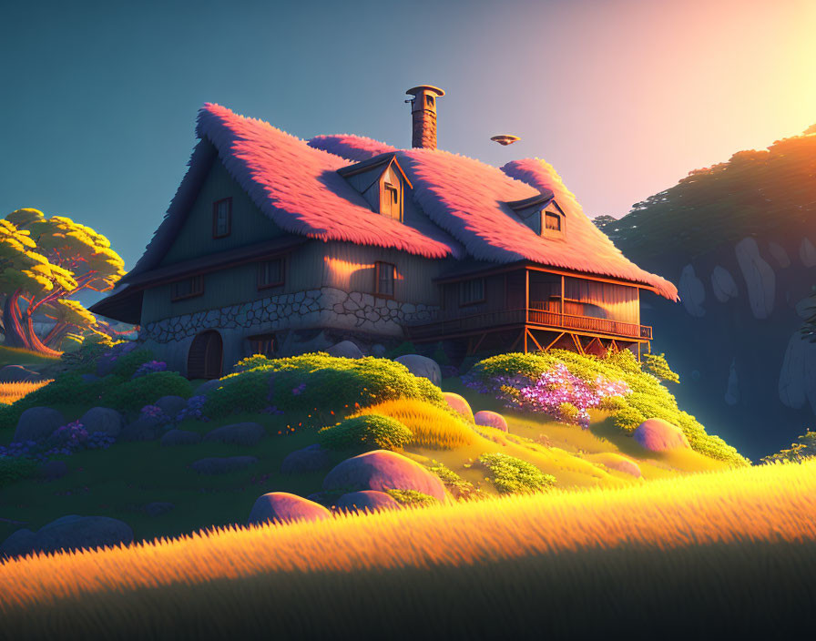 Illustration of cozy thatched-roof house in rolling hills at sunset