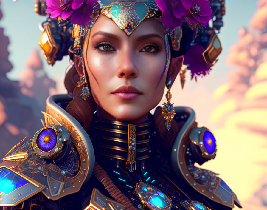 Detailed digital art portrait of woman in golden and blue fantasy armor with floral headpiece.