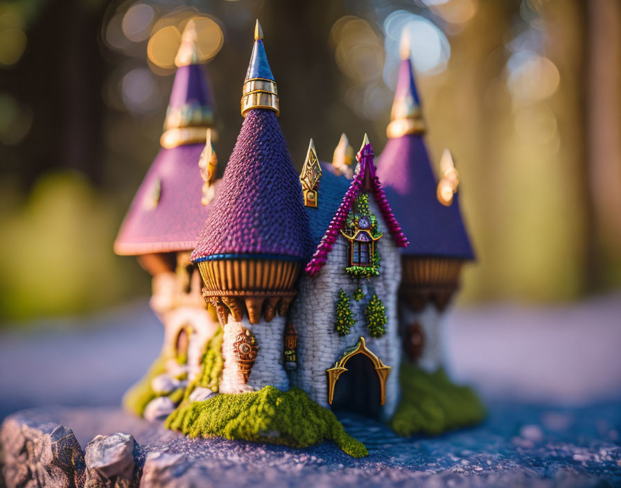 Miniature fairy-tale castle with purple roofs and golden spires against blurred background