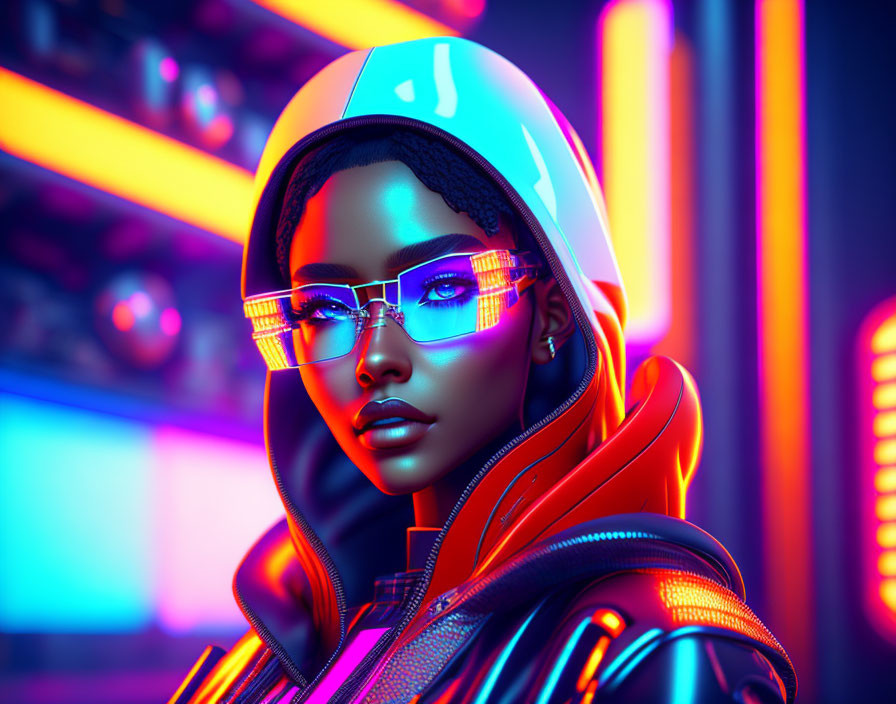 Digital artwork: Woman with glowing glasses in futuristic setting