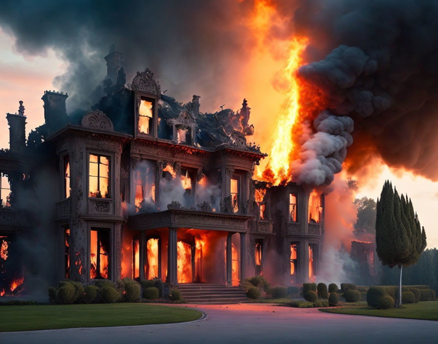 Massive mansion ablaze with billowing smoke in catastrophic fire.