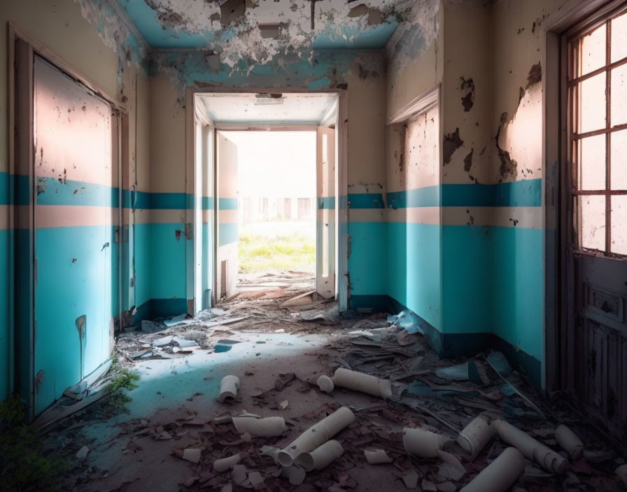 Abandoned hallway with peeling turquoise paint and overgrown plants