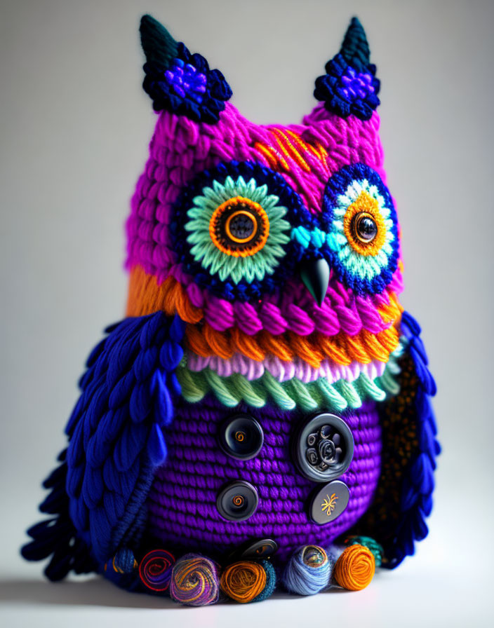 Colorful Knitted Owl with Vibrant Feathers and Button Eyes