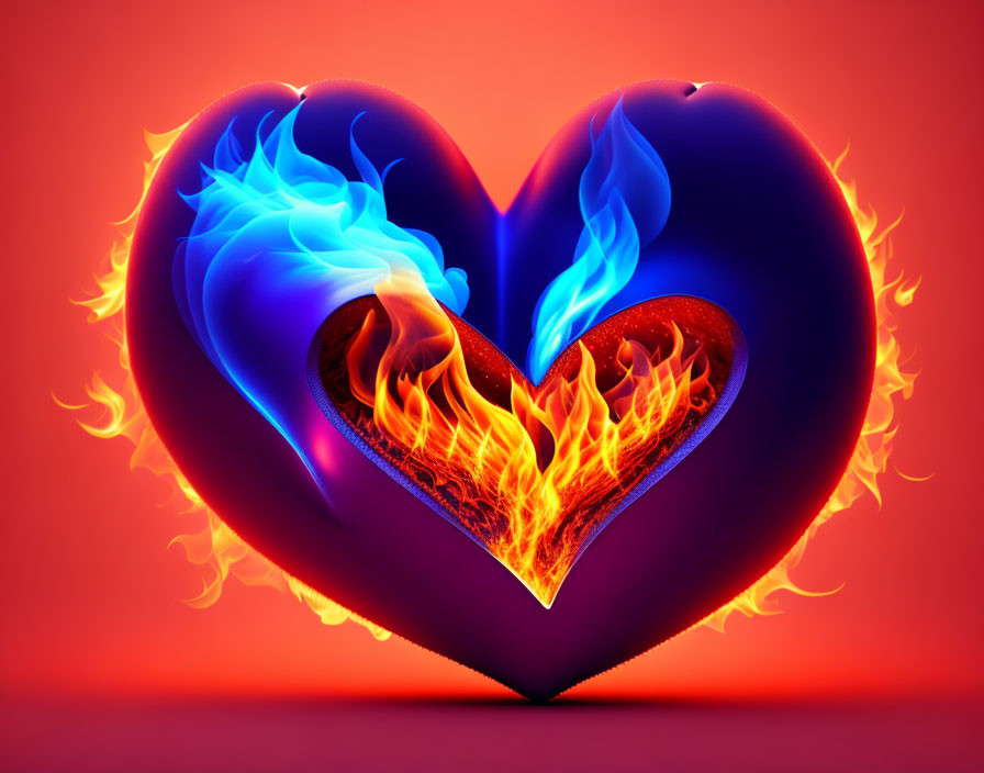 Digital artwork: Heart split in two with blue and orange flames on red background