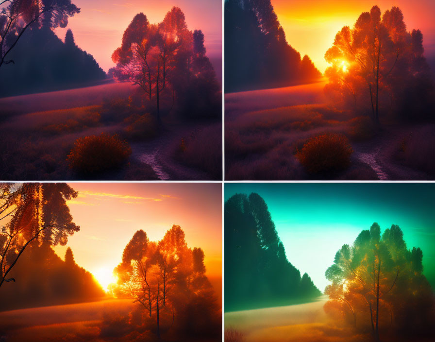 Four Misty Forest Sunrise Scenes with Varied Color Grading