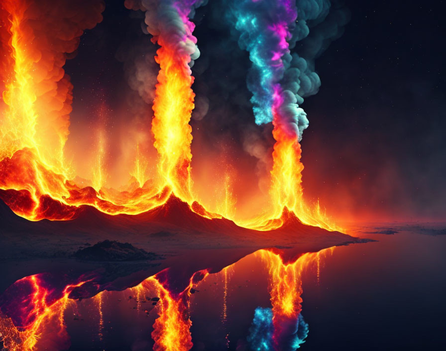 Colorful volcanic eruptions reflected in water at night