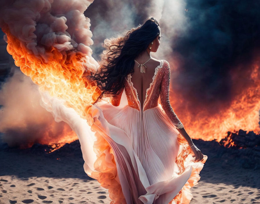 Woman in flowing dress surrounded by smoke and flames on sandy ground