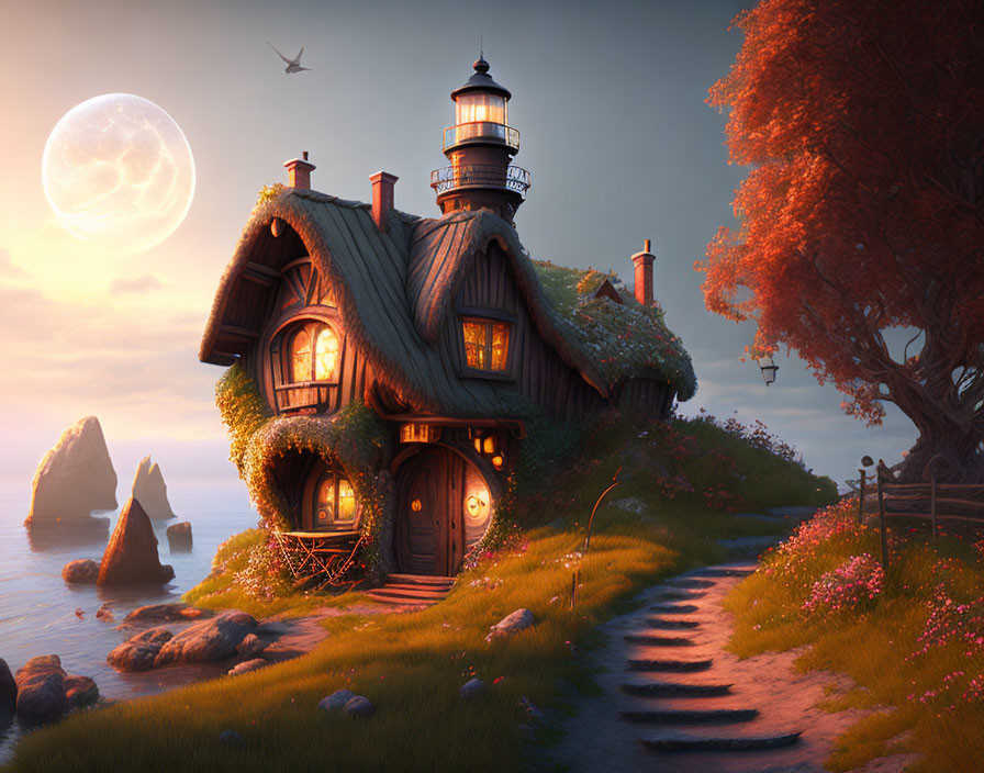 Moonlit seaside lighthouse cottage with winding path and serene atmosphere