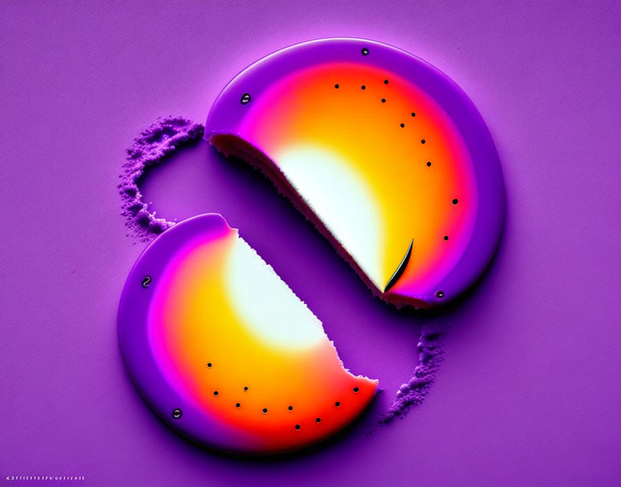 Stylized digital artwork: Broken dragon fruit on purple background