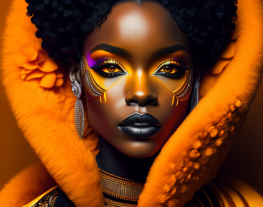 Vibrant orange hood and dramatic earrings on a person with striking makeup