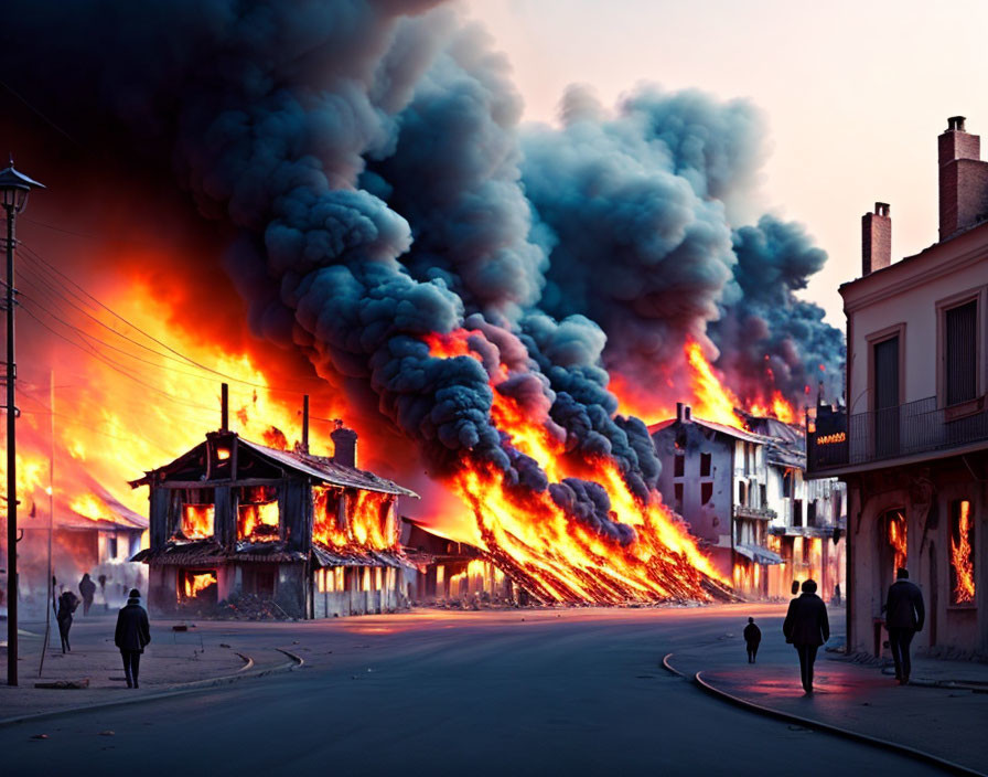 Massive fire engulfs buildings with towering smoke plumes at dusk