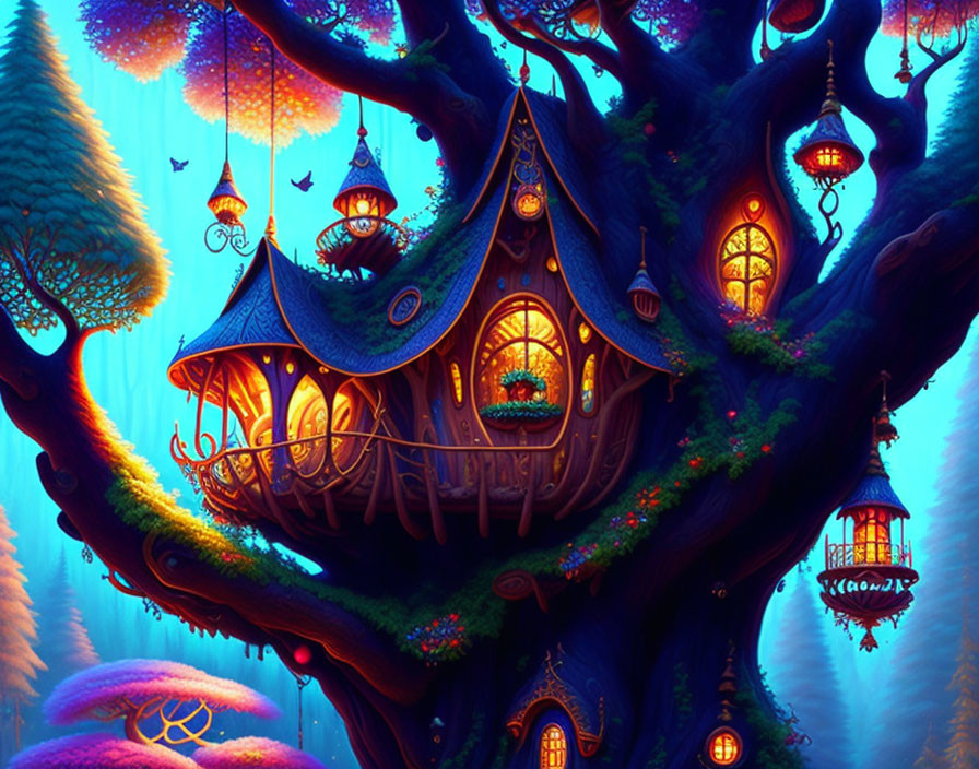 Enchanting Glowing Treehouse in Blue Forest