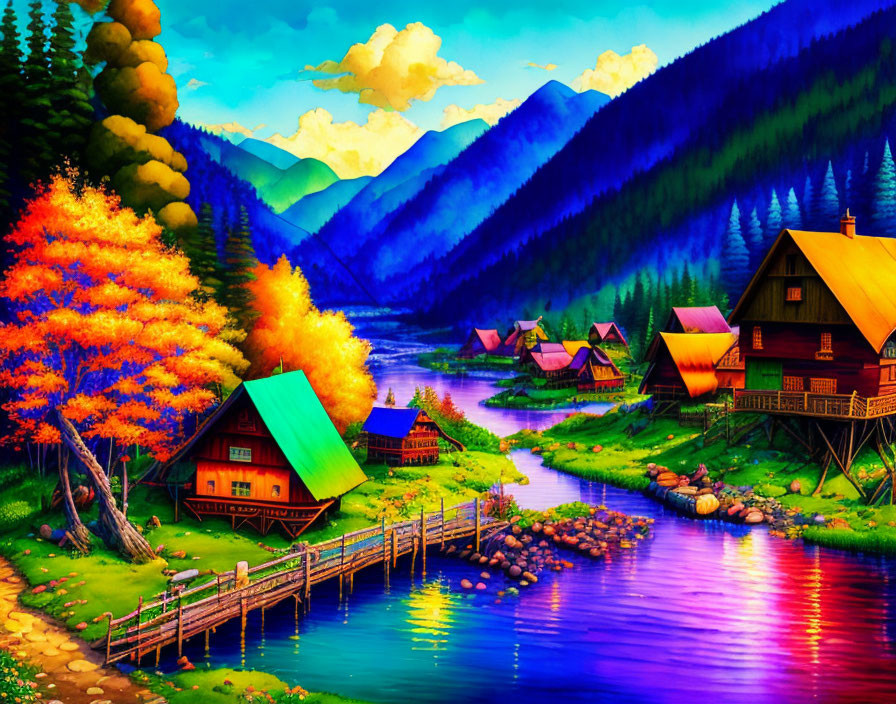 Colorful riverside village with vibrant trees and cozy houses.