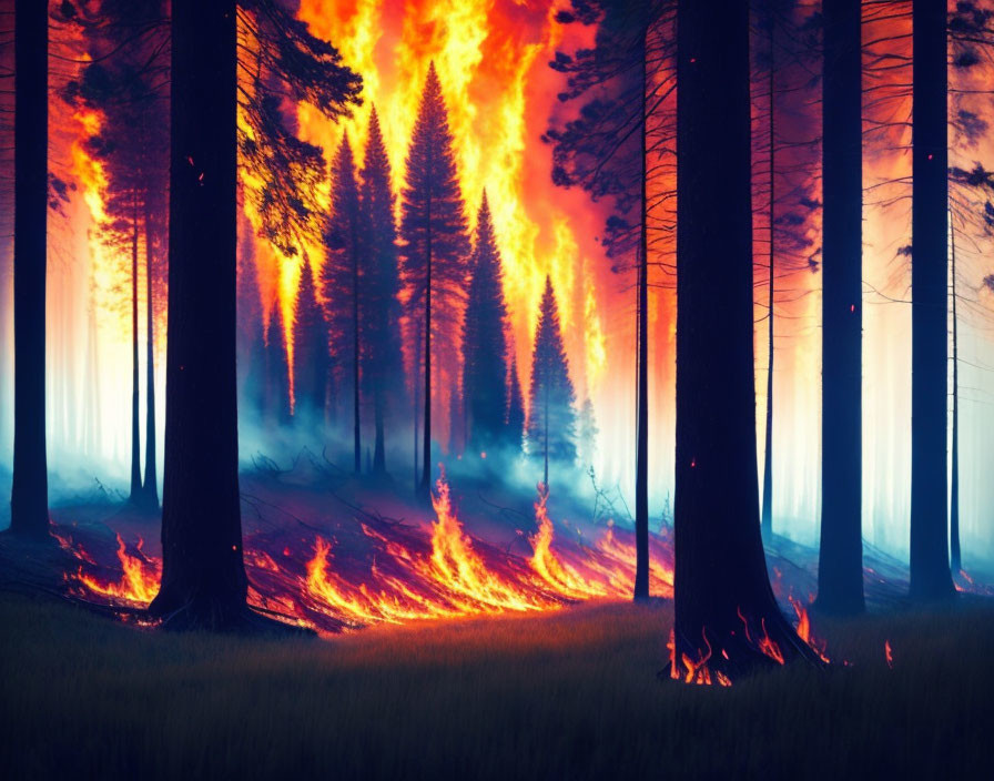 Wildfire Engulfs Forest: Tall Trees in Flames & Thick Smoke