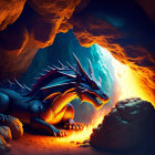 Vibrant dragons in cave with glowing lava and rocky terrain