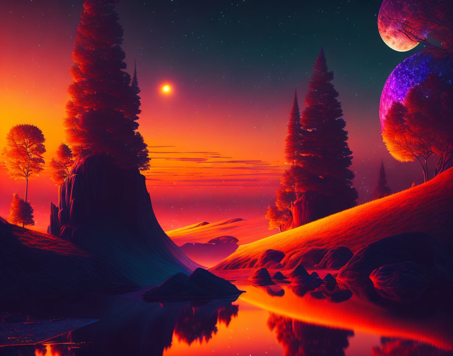 Twilight surreal landscape with red hue, towering trees, calm lake, hills, oversized planets.