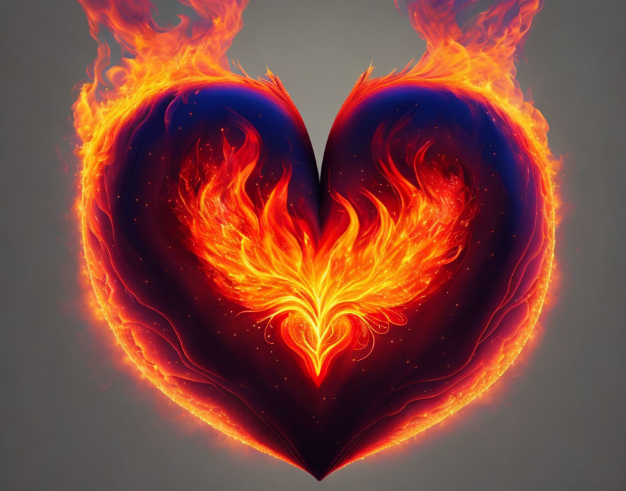 Flaming heart with orange, red, and blue flames and smaller heart inside