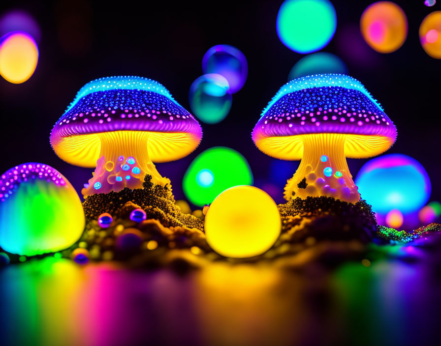 Vibrant Glowing Neon Mushrooms on Dark Background