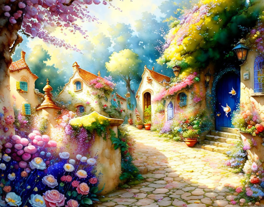 Colorful Cottage Village with Blooming Flowers & Cobblestone Path