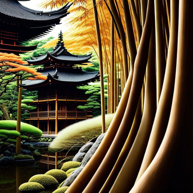 Japanese Pagoda Surrounded by Trees and Bamboo