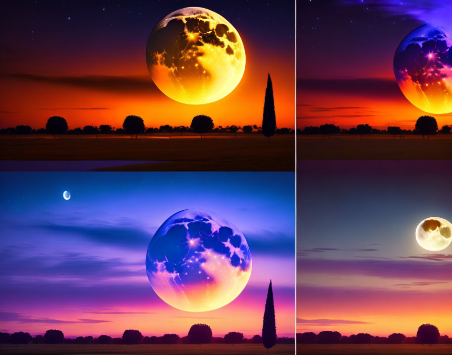 Surreal landscape composite images with oversized moons in different phases and colors