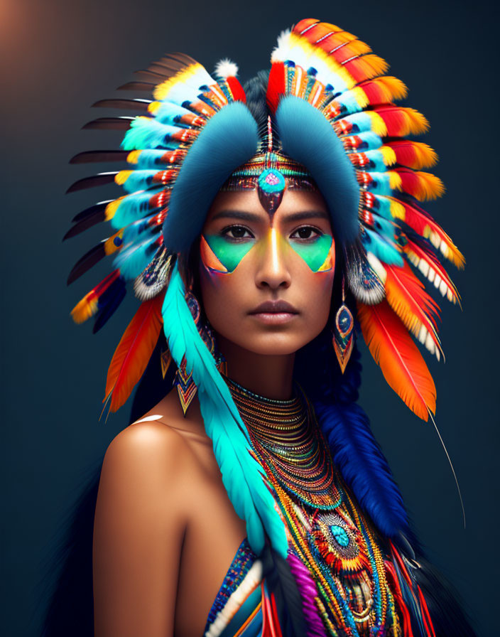 Colorful Face Paint and Feathered Headdress Portrait on Dark Background