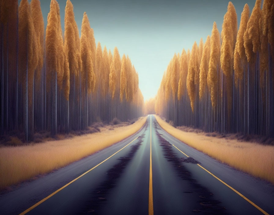 Tranquil road with tall golden trees under dusky sky