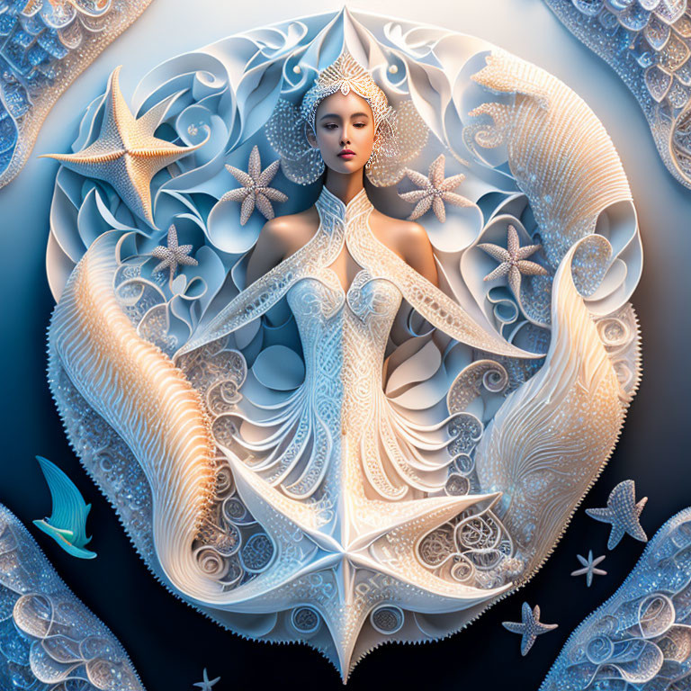 Symmetrical ocean-themed artwork featuring woman with starfish and seashells