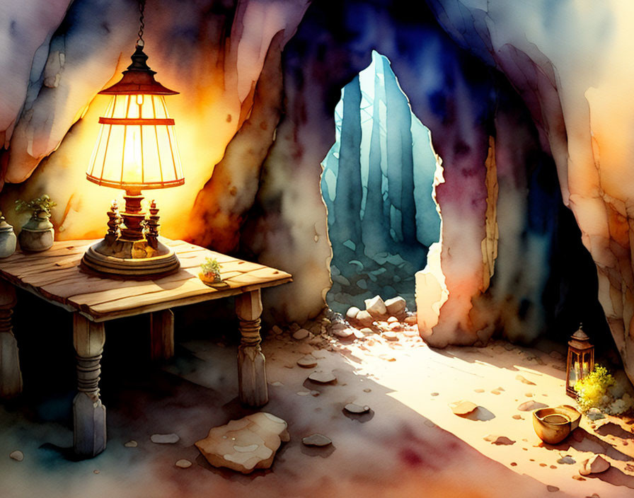 Illustrated cave interior with warm lantern on table and icy blue walls.