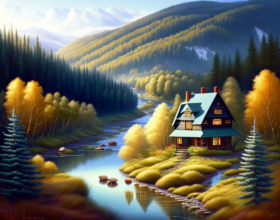 Tranquil river landscape with cozy house and autumn trees