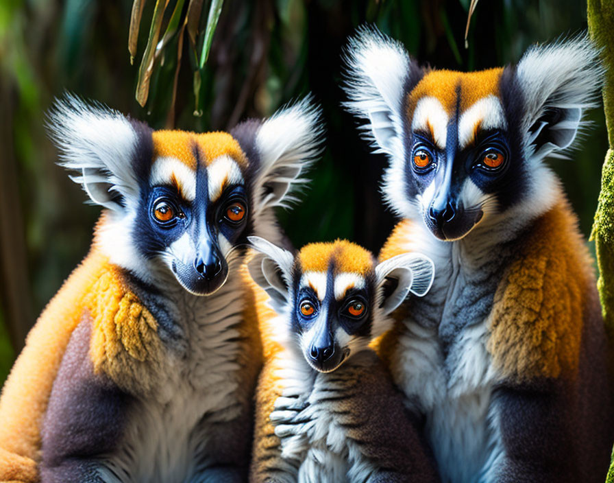 Ring-tailed lemurs with orange eyes in lush green foliage.