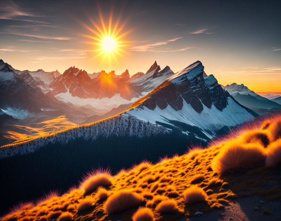 Dramatic sunset over rugged snow-capped mountains