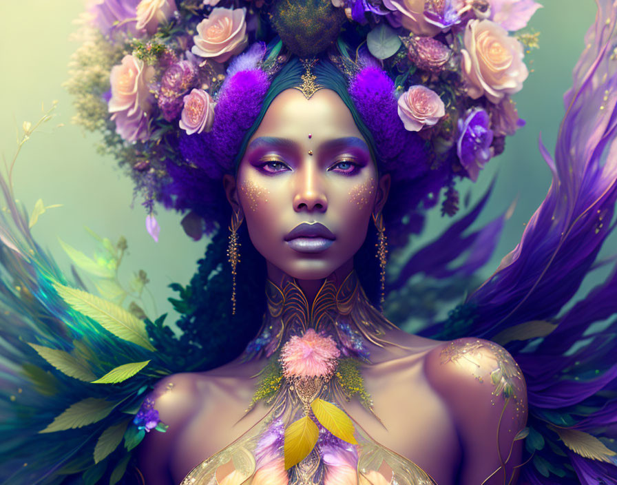 Digital Artwork: Woman with Floral & Feather Headdress in Purple & Pink Tones