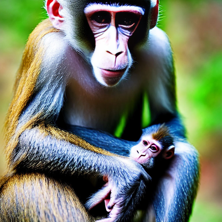 Mother mandrill holding colorful infant in protective embrace