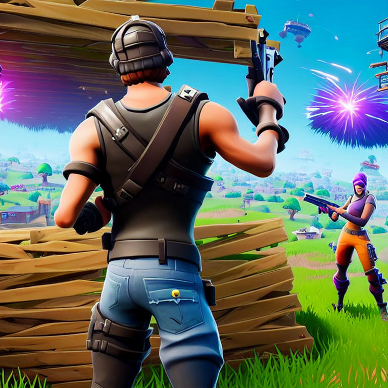 Animated characters in vibrant battlefield with rifle, explosions, and supply drop.