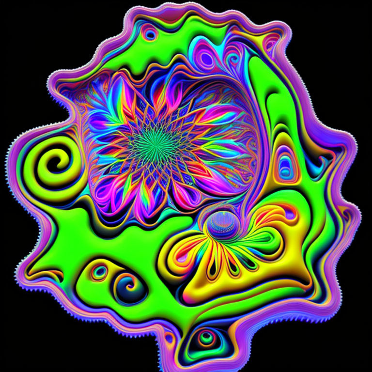 Colorful Fractal Image with Psychedelic Flower Pattern on Black Background