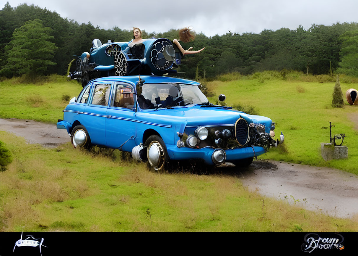 Blue Vintage Car with Oversized Wheels Flying Over Grass Field with Woman Posing