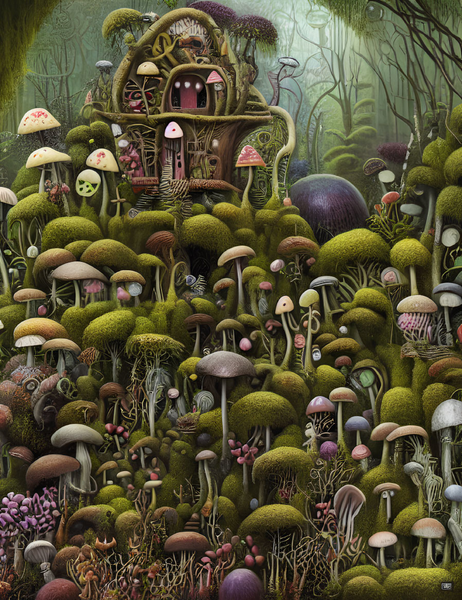 Enchanting forest scenery with mushrooms and tree house in misty setting