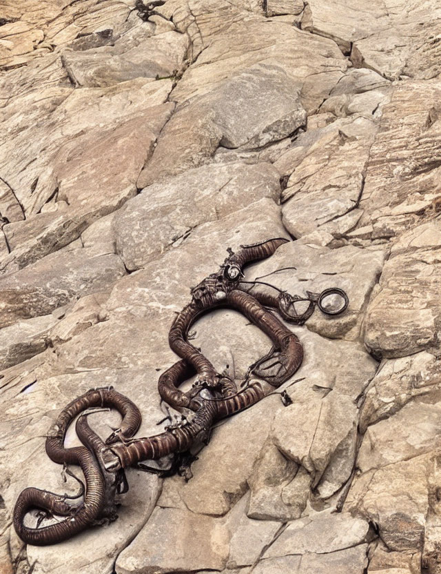 Detailed Metal Snake Sculpture on Rocky Surface