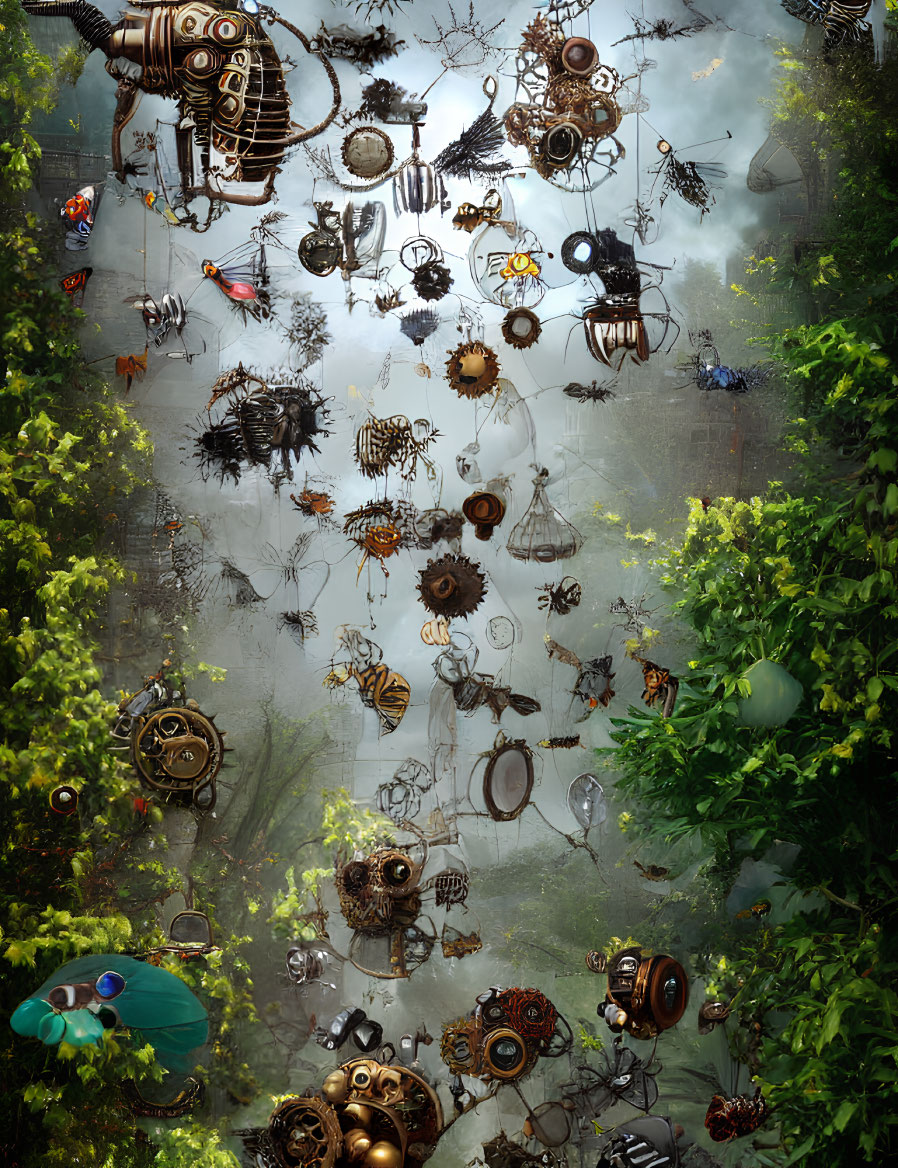 Fantastical forest with whimsical mechanical insects in lush greenery