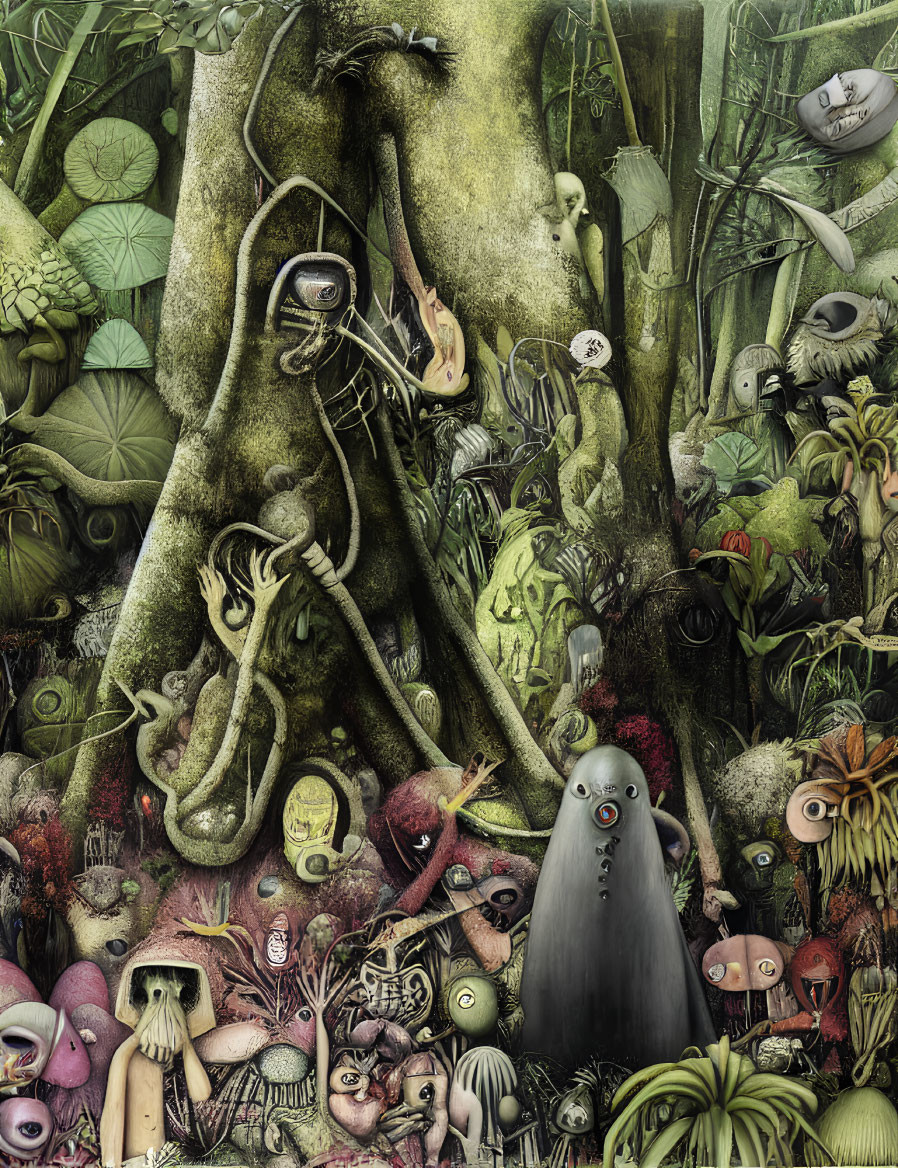 Surreal anthropomorphic forest illustration with eerie faces