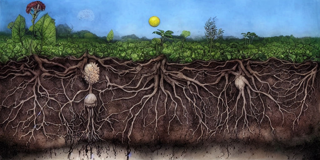 Cross-Section Illustration: Soil, Plants, Roots, Sun