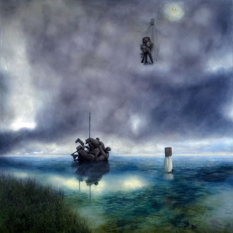 Surreal painting of man in human figure boat in misty seascape