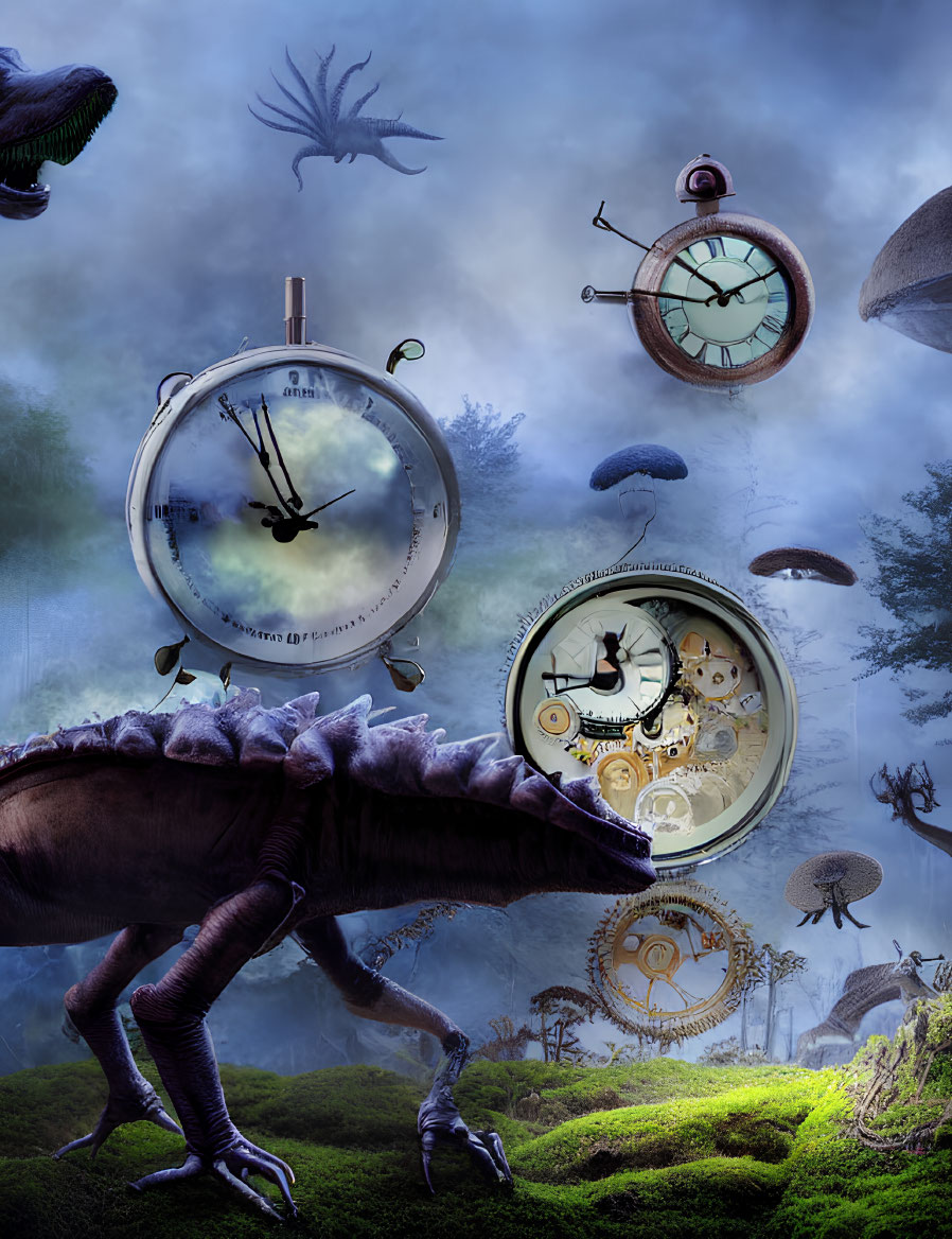 Surreal landscape with floating clocks, dinosaur, and jellyfish-like plants