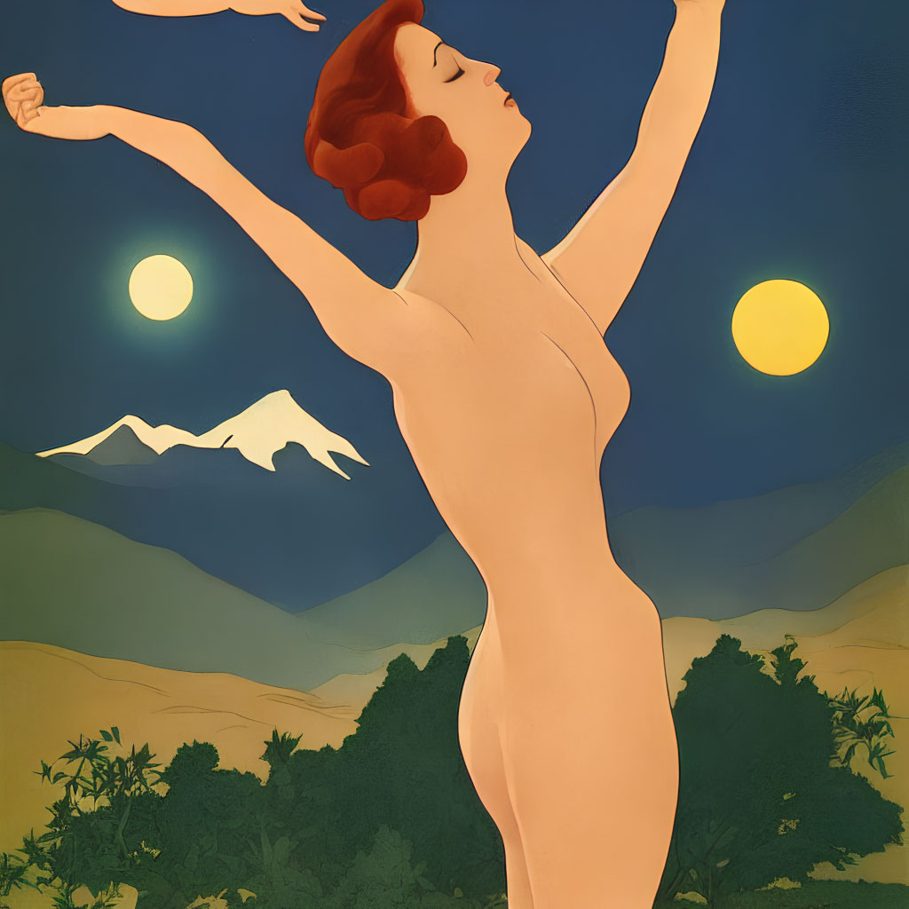 Art Deco Style Nude Woman with Red Hair Stretching Against Mountain Backdrop