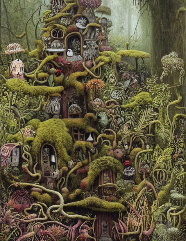 Enchanting moss-covered forest with treehouses and fantastical creatures