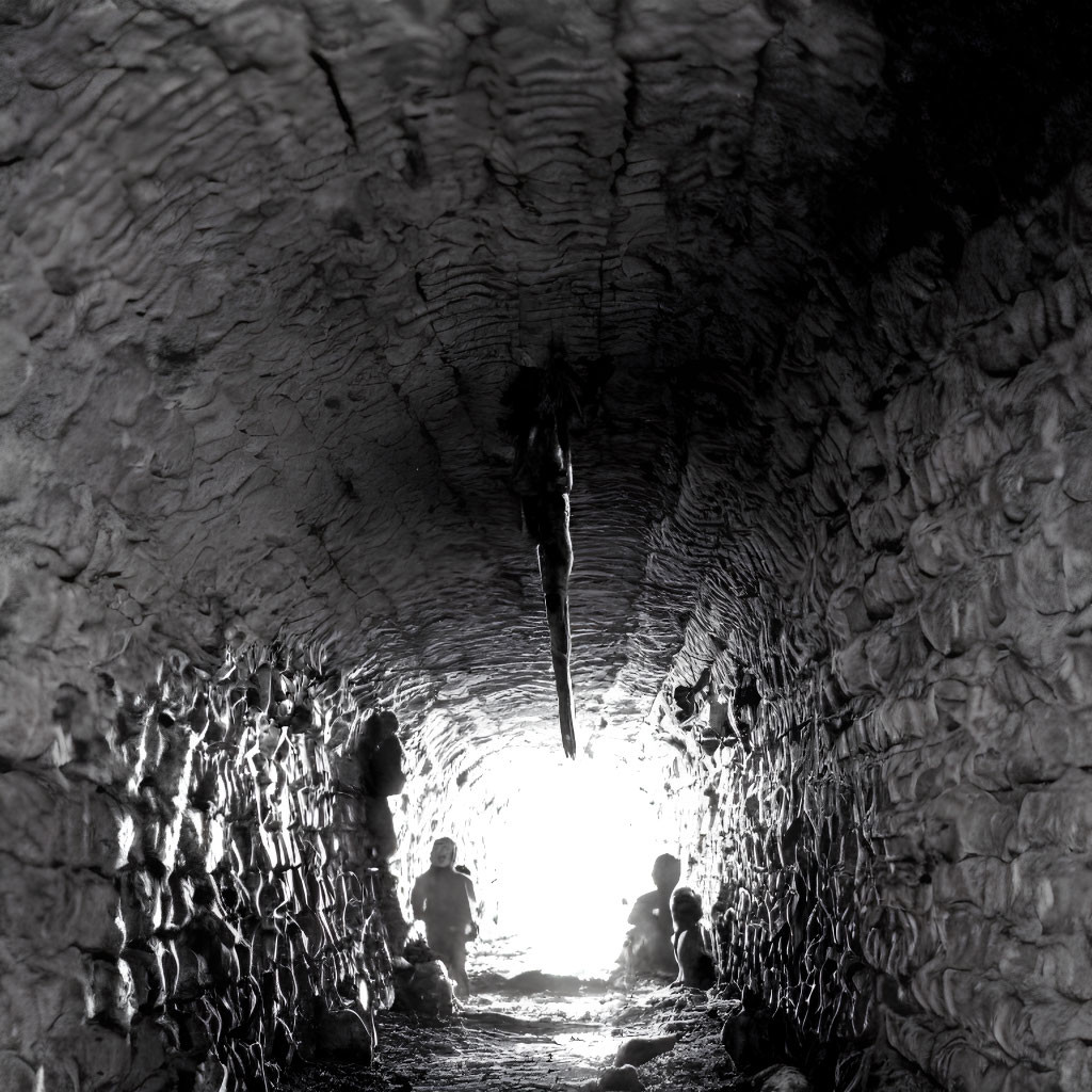 Silhouetted figure walks through stone tunnel towards bright light with blurred figures.