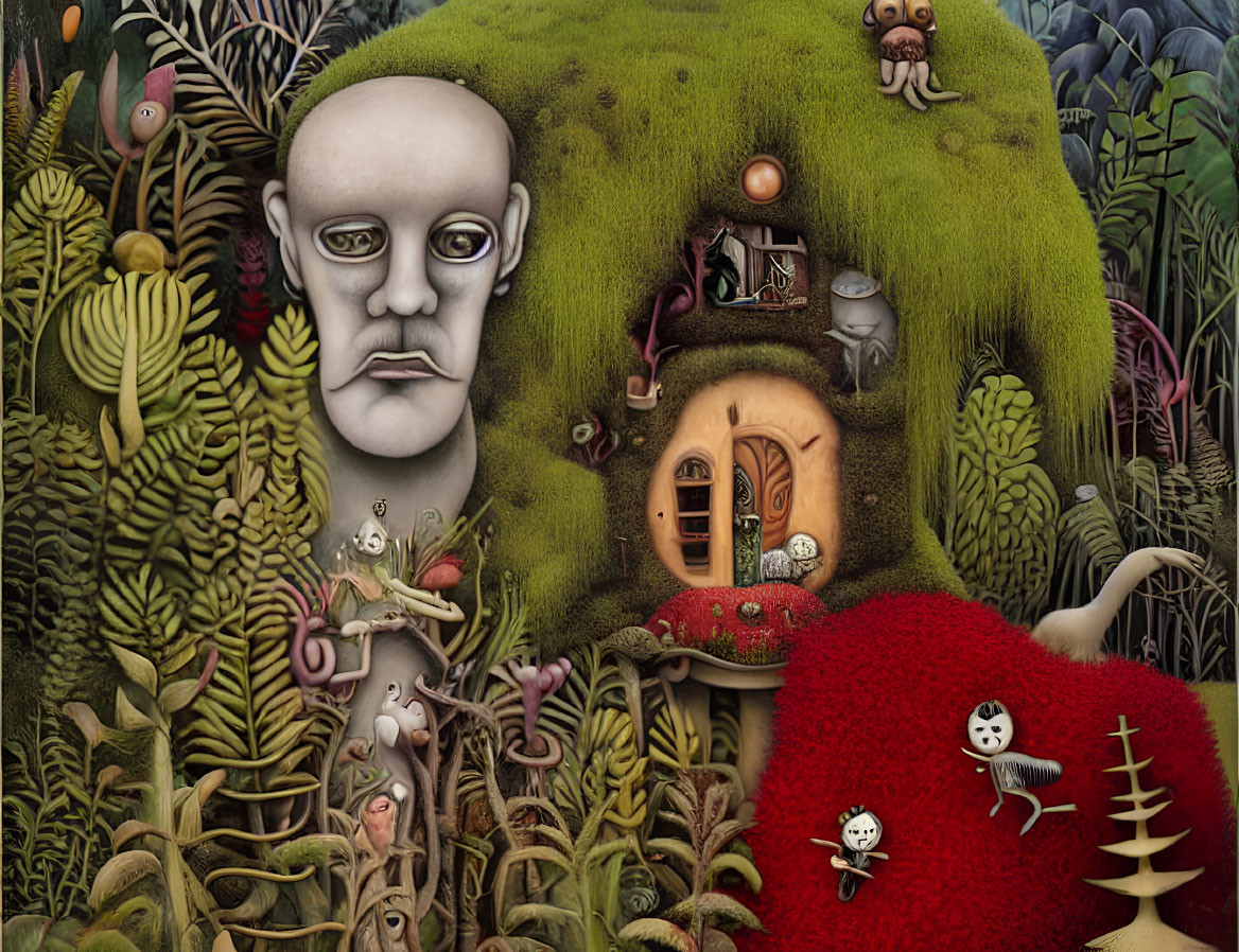 Surreal Artwork: Large Green Face with Forest and Whimsical Creatures